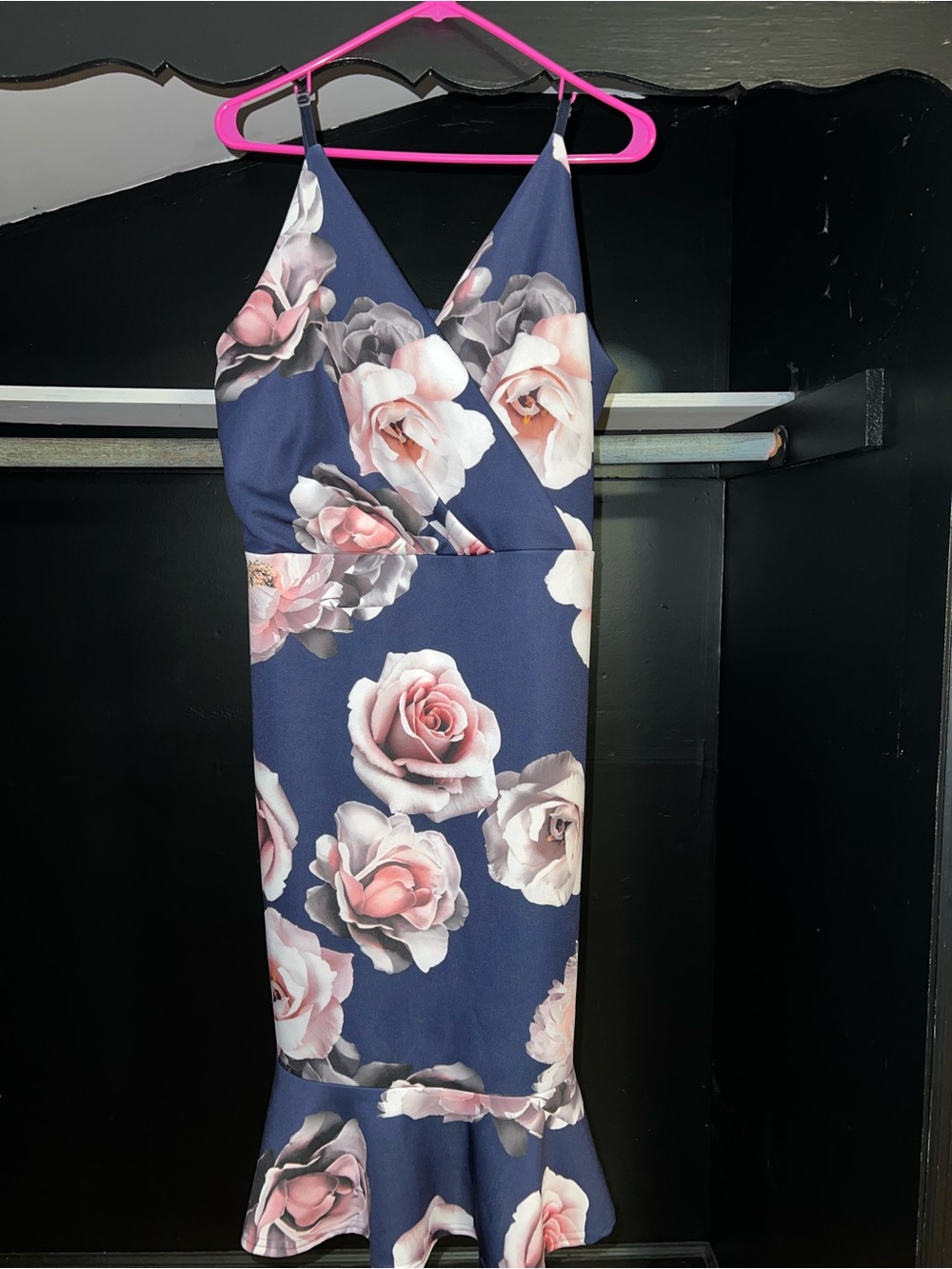 Boohoo Navy & Pink Floral V-Neck Midi Dress